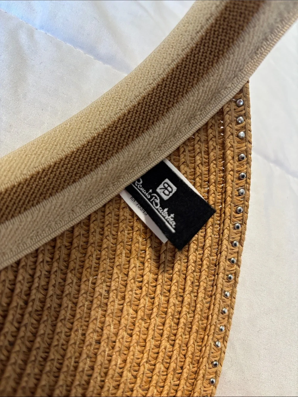 Pearl-Trim Straw Visor Hat in Tan